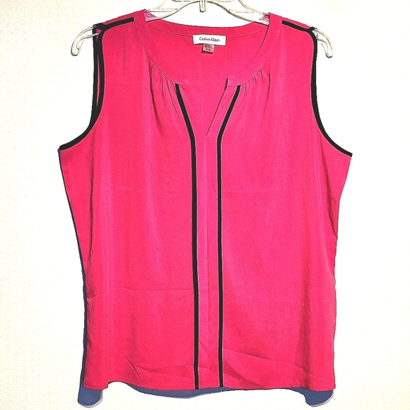 Calvin Klein Tops - Calvin Klein Fuschia Sleeveless Splitneck Blouse Black Contrast Trim Sz Large
